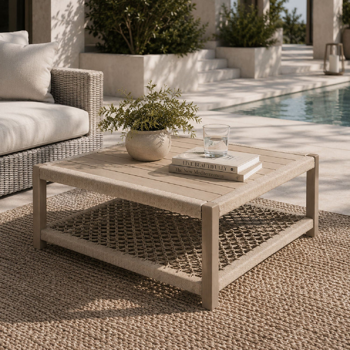 Teak Square Outdoor Coffee Table | Living Essentials Wrap – angled view
