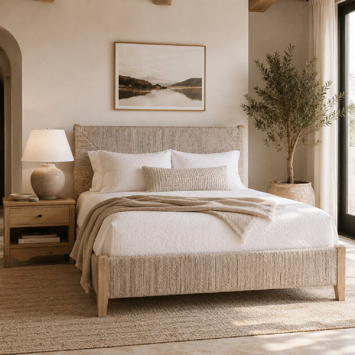 Whitewashed Abaca Rope Bed | Living Essentials Malay – angled view
