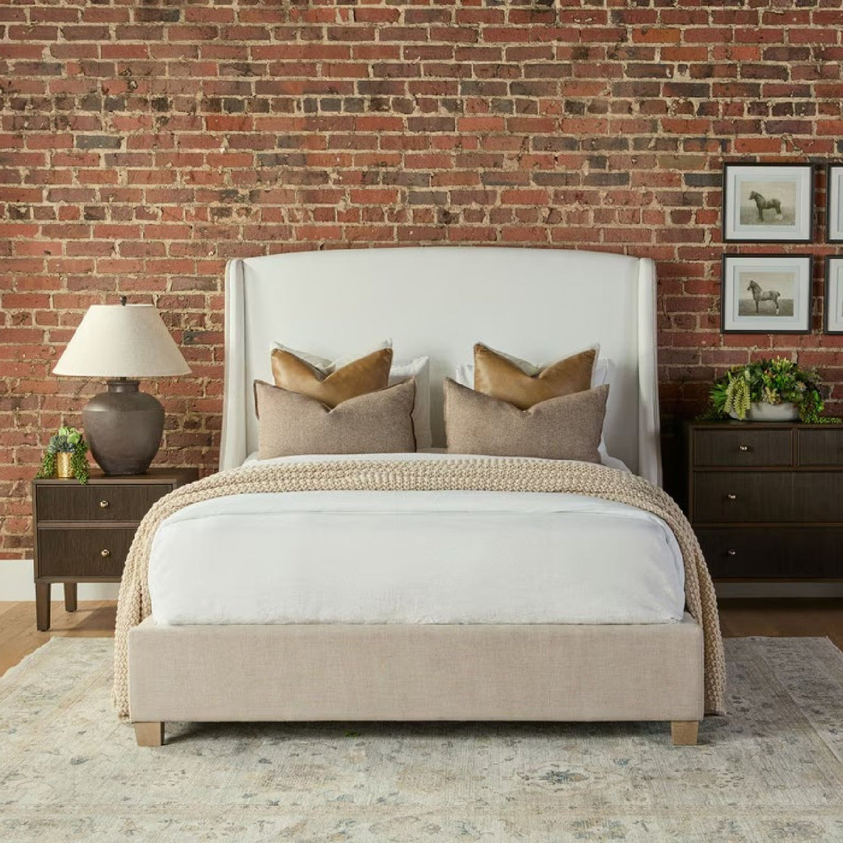 Beige Fabric Bed | Living Essentials Sloan – angled view