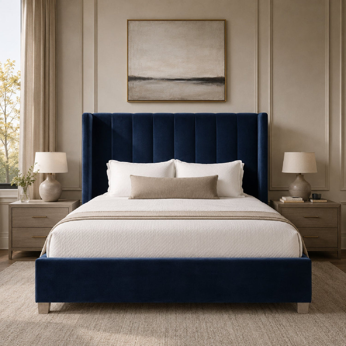Modern European furniture - Velvet Channeled Queen Bed - www.oroa.com