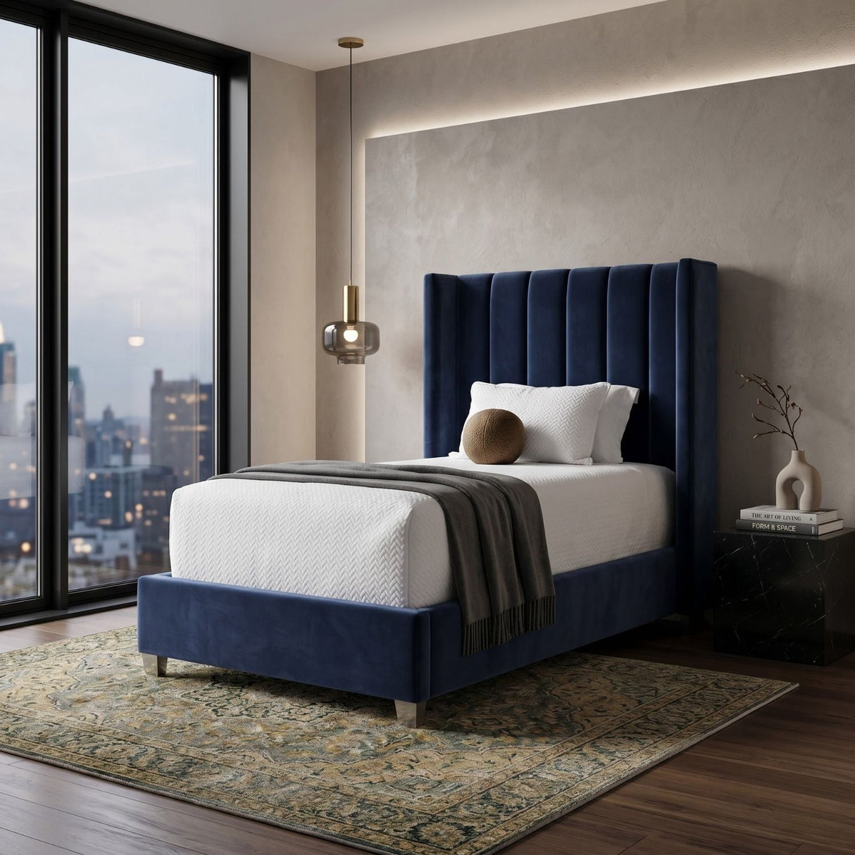 Modern European furniture - Blue Velvet Twin Bed - www.oroa.com