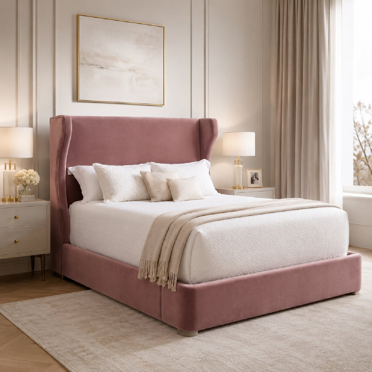 Wing-Shaped Headboard Queen Bed | Living Essentials Balboa – angled view