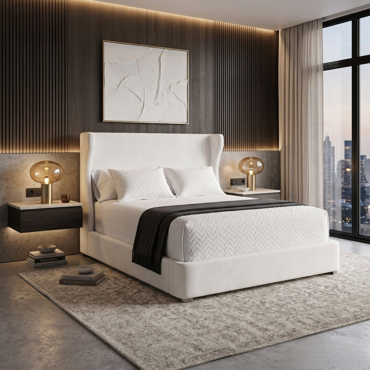 White Upholstered Bed | Living Essentials Balboa – angled view