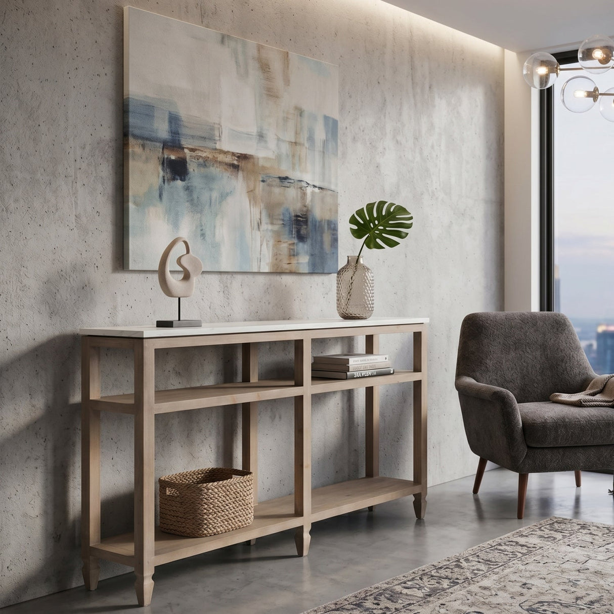 White Quartz Top Console Table | Living Essentials Emerie – angled view