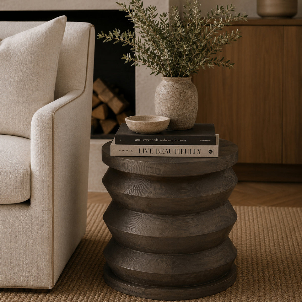 Pine Wood Cylindrical Accent Table | Living Essentials Pier – alternate view 42