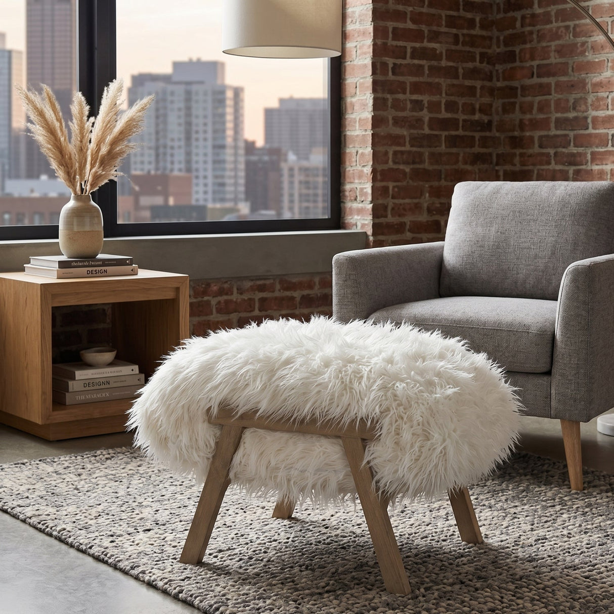 White Fur Ottoman | Living Essentials Tibet – angled view