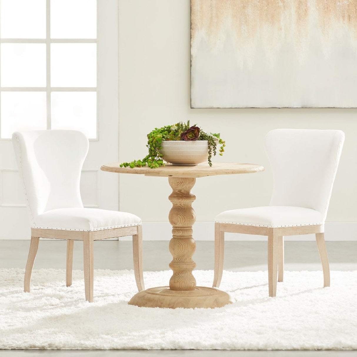 Gray Pine Round Dining Table | Living Essentials Chelsea – angled view