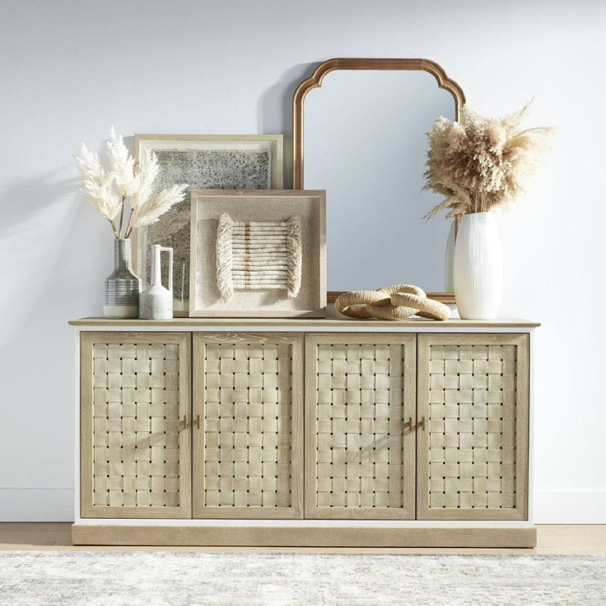 4-Door Woven Style Oak Sideboard | Living Essentials Weave – angled view