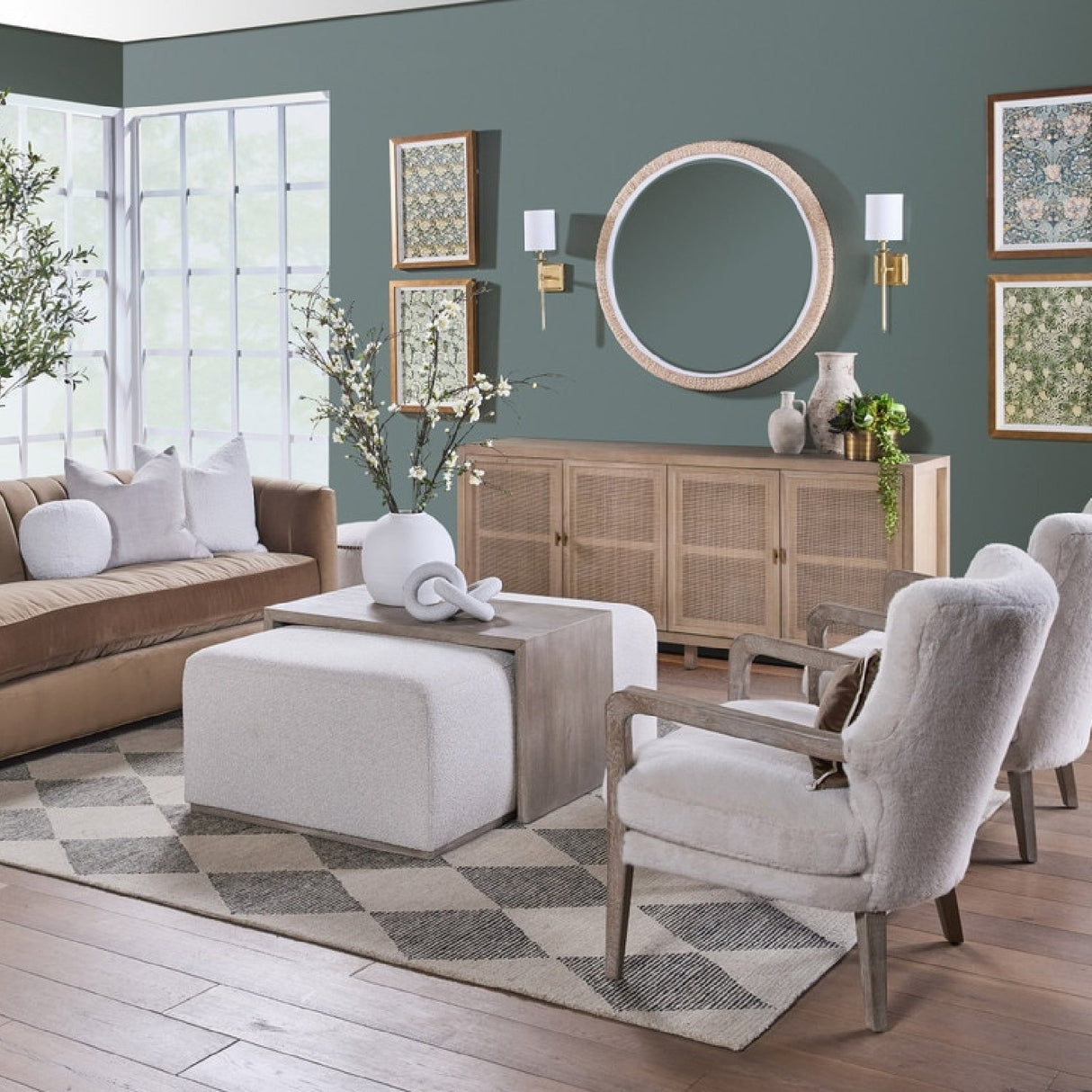 4-Door Gray Cane Media Sideboard | Living Essentials Carina – angled view