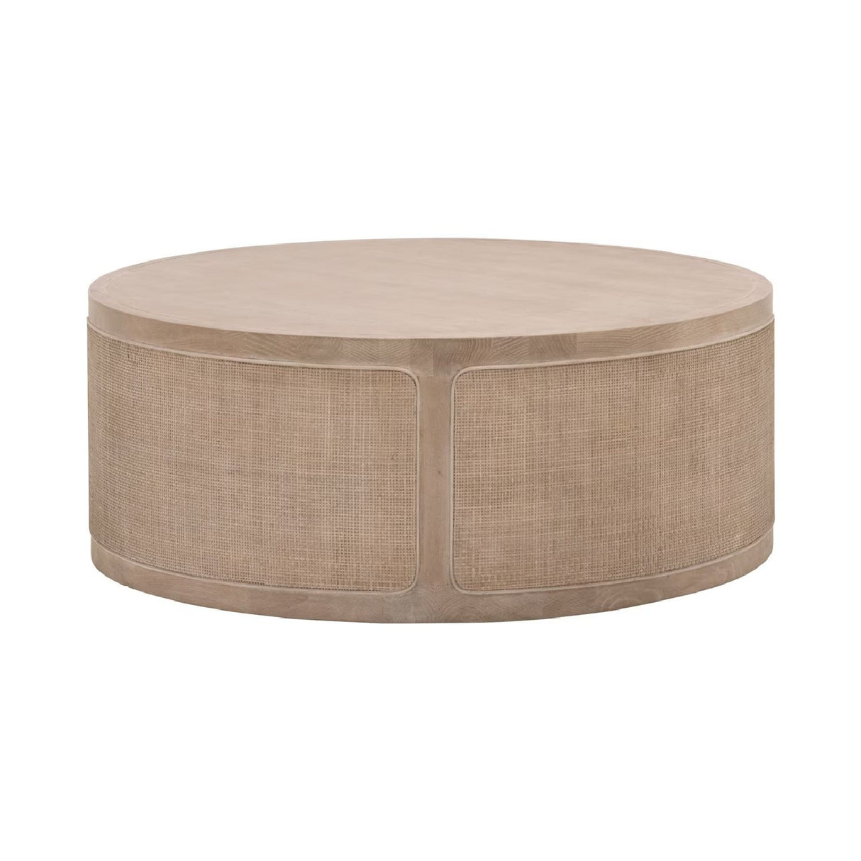 Gray Oak Round Coffee Table | Living Essentials Cane – front view
