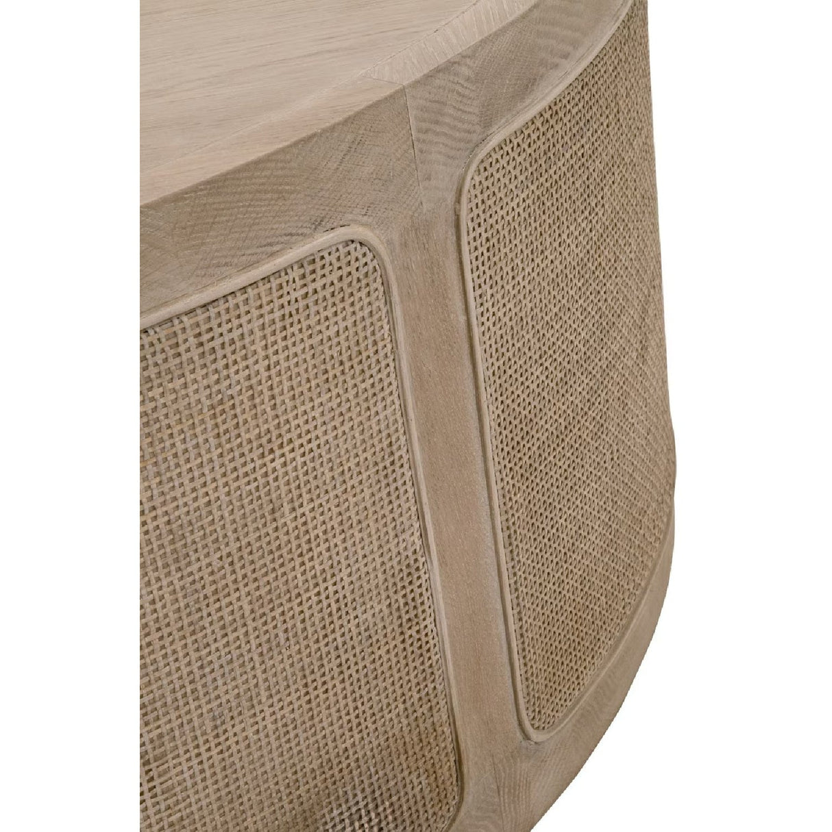 Gray Oak Round Coffee Table | Living Essentials Cane – rear view