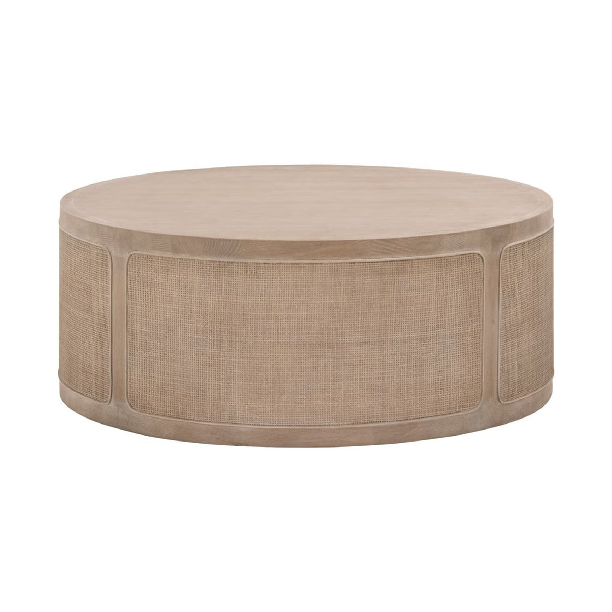 Gray Oak Round Coffee Table | Living Essentials Cane – side view