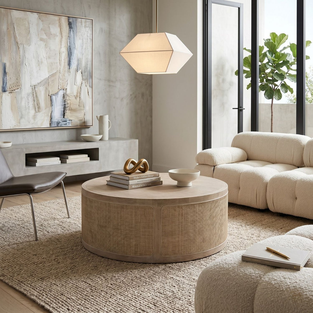 Gray Oak Round Coffee Table | Living Essentials Cane – angled view