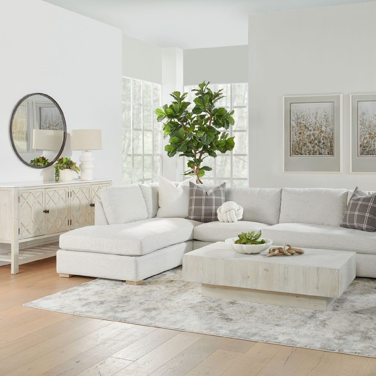 Whitewashed Pine Wood Coffee Table | Living Essentials Montauk – angled view