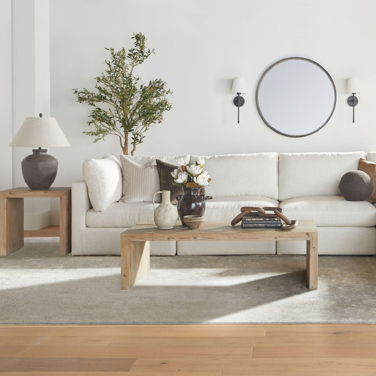 Natural Pine Wood End Table | Living Essentials Reed – angled view