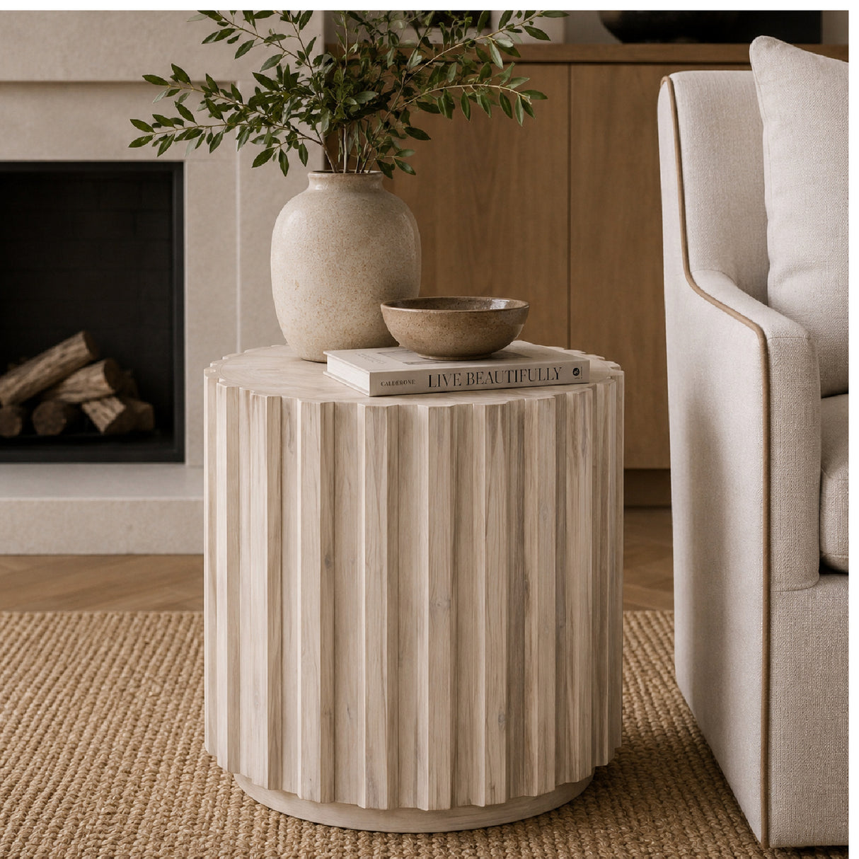 Fluted Pine End Table | Living Essentials Roma – angled view