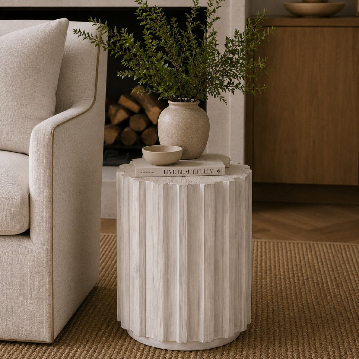 Fluted Pine Accent Table | Living Essentials Roma – angled view