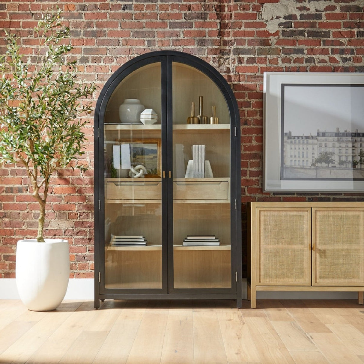Black Birch Arched Display Cabinet | Living Essentials Toulouse – angled view