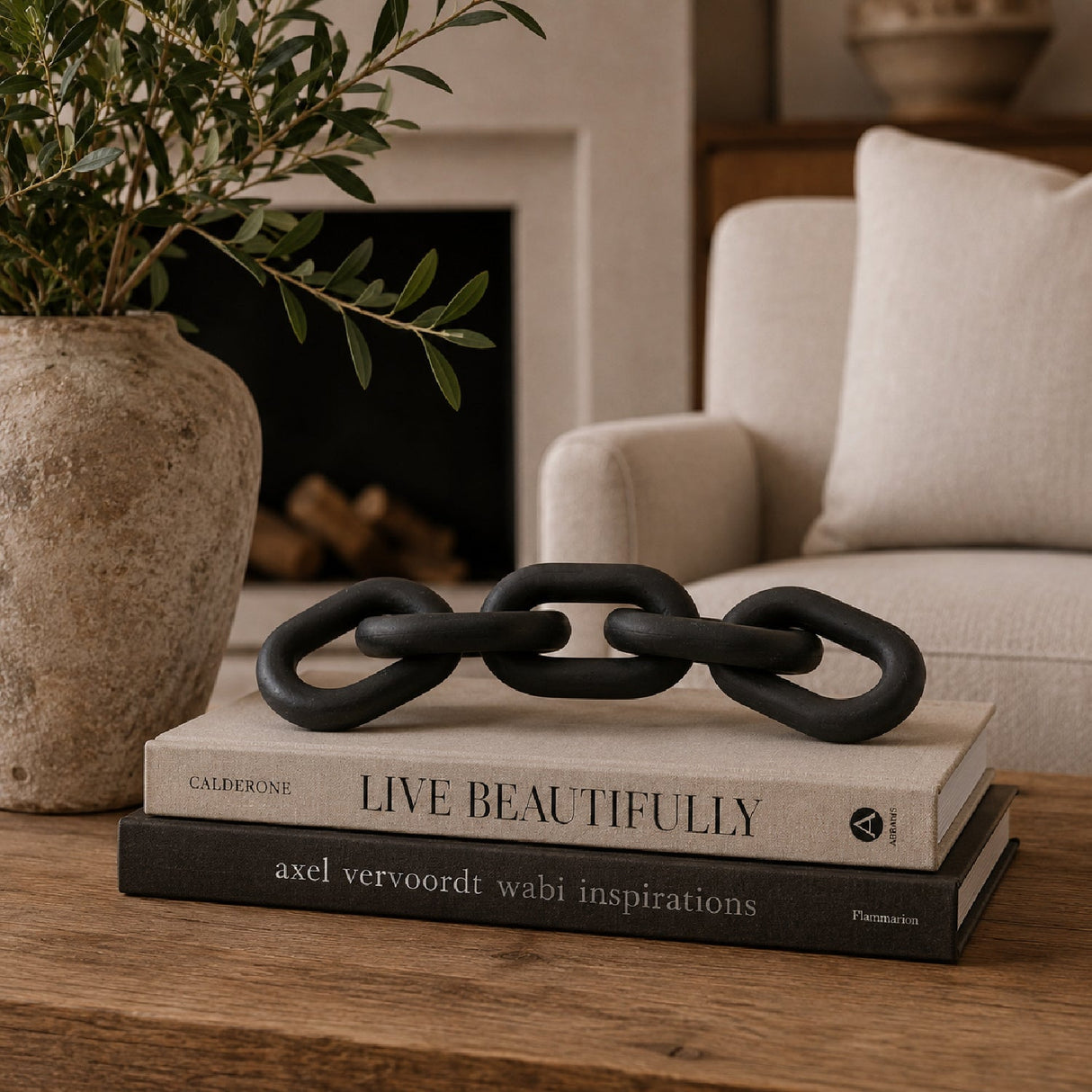 Wooden Link Table Decor | Living Essentials Cinq – angled view