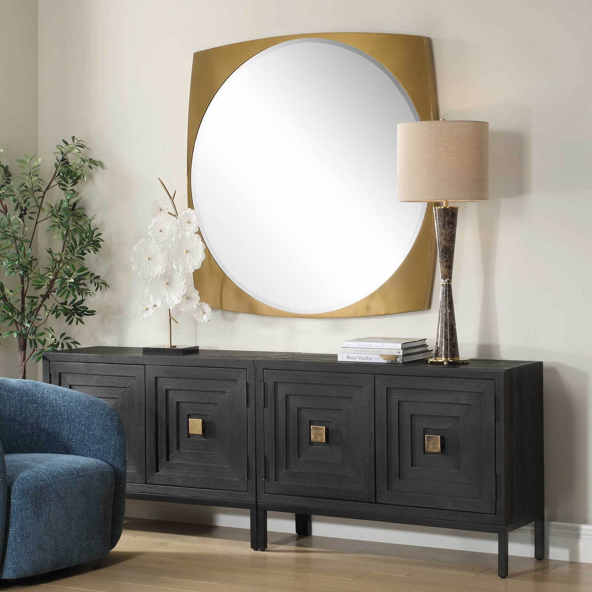 Modern European furniture - Antique Brass Beveled Round Mirror - www.oroa.com