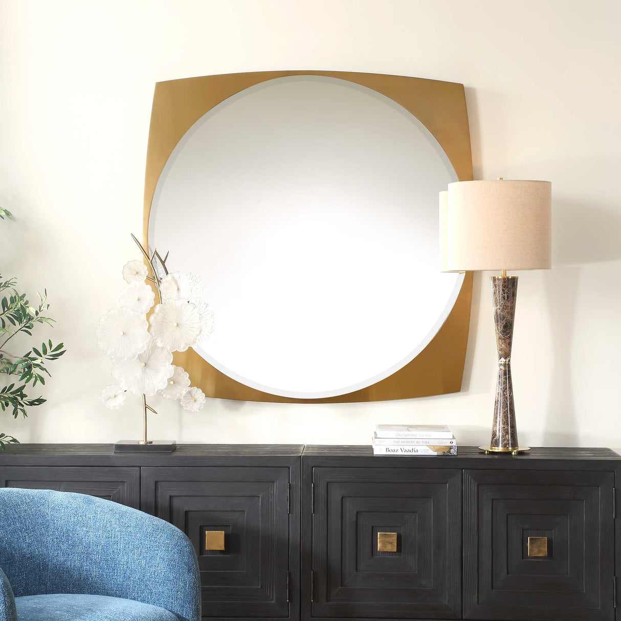 Modern European furniture - Antique Brass Beveled Round Mirror - www.oroa.com
