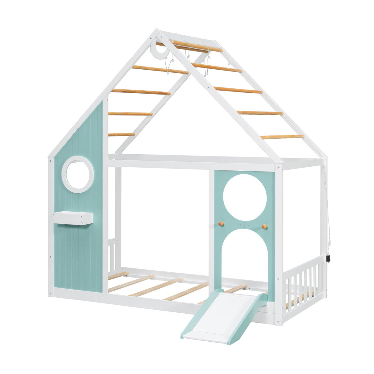 Twin House Bed with Slide and Light Strip Playhouse Design | OROA Kids