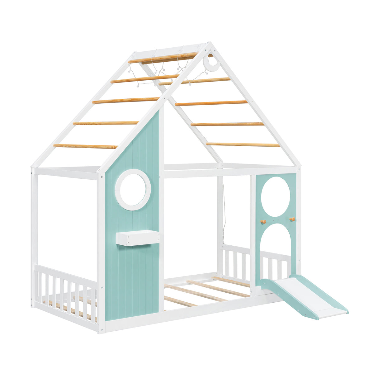 Twin House Bed with Slide and Light Strip Playhouse Design | OROA Kids