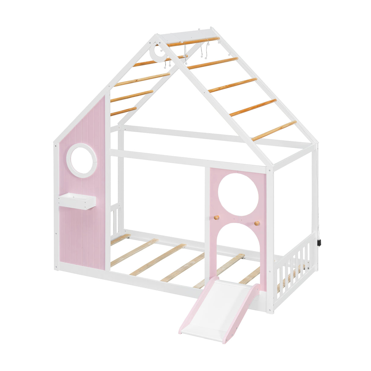 Twin Pink House Bed with Slide and Ball Light Strip | OROA Kids