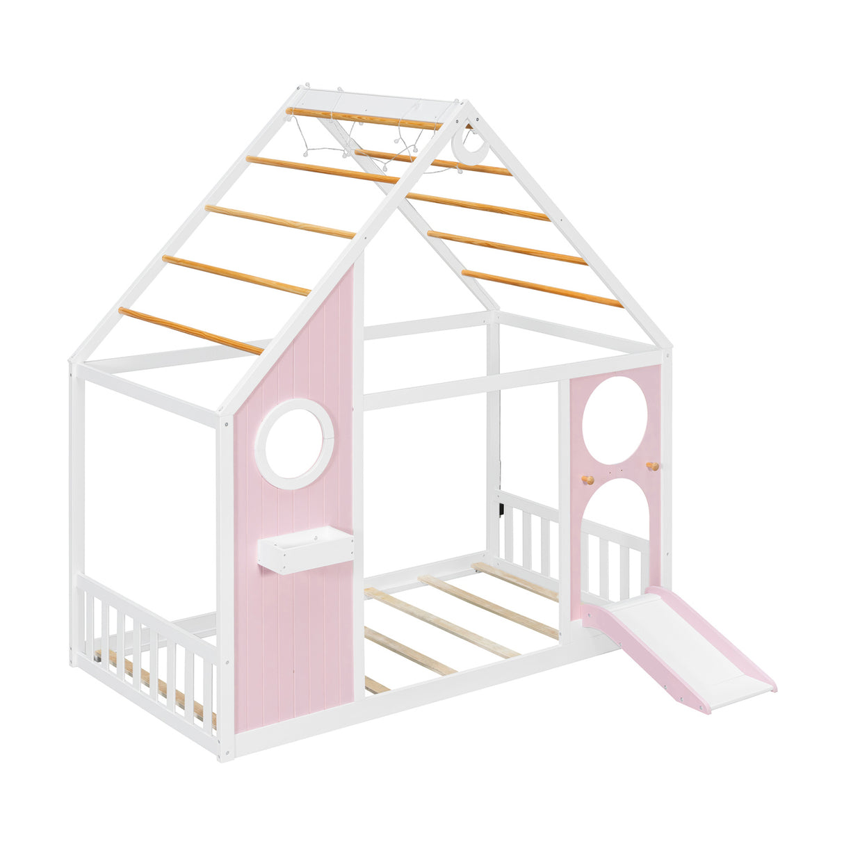Twin Pink House Bed with Slide and Ball Light Strip | OROA Kids