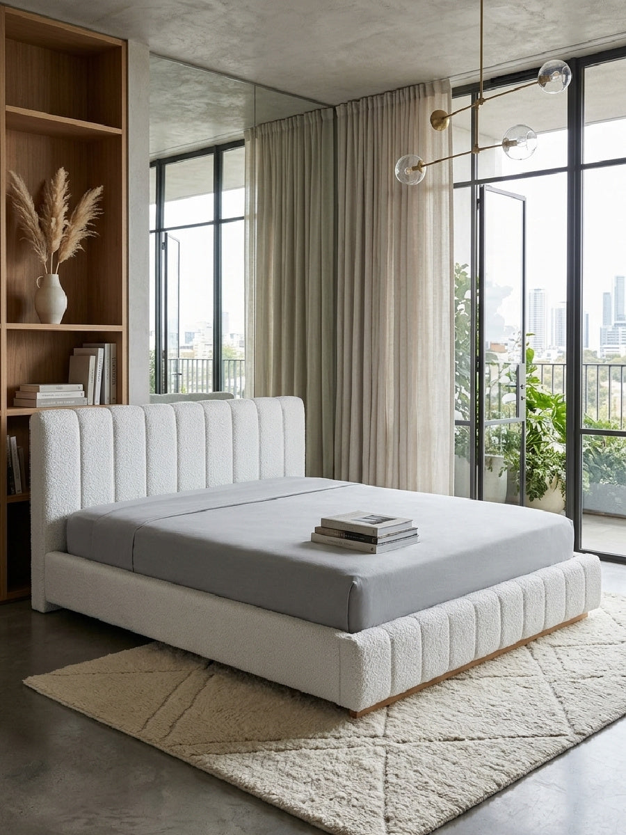 Modern European furniture - Bouclé Upholstered Low Profile King Bed - www.oroa.com