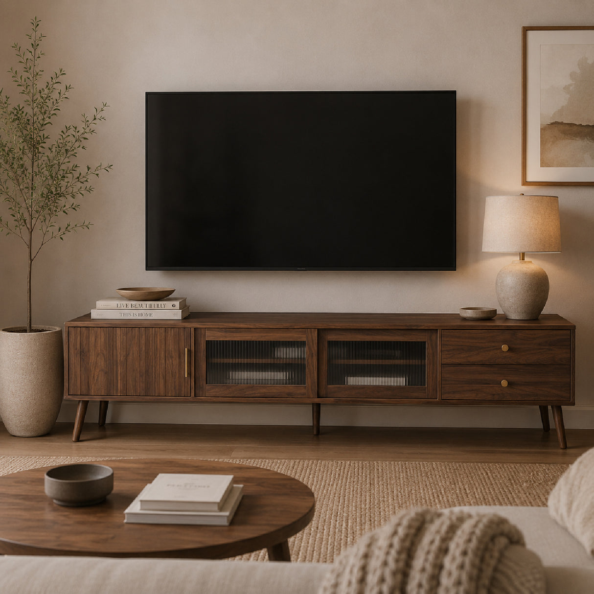 76" Modern Minimal Glass-Doors TV Stand | OROA