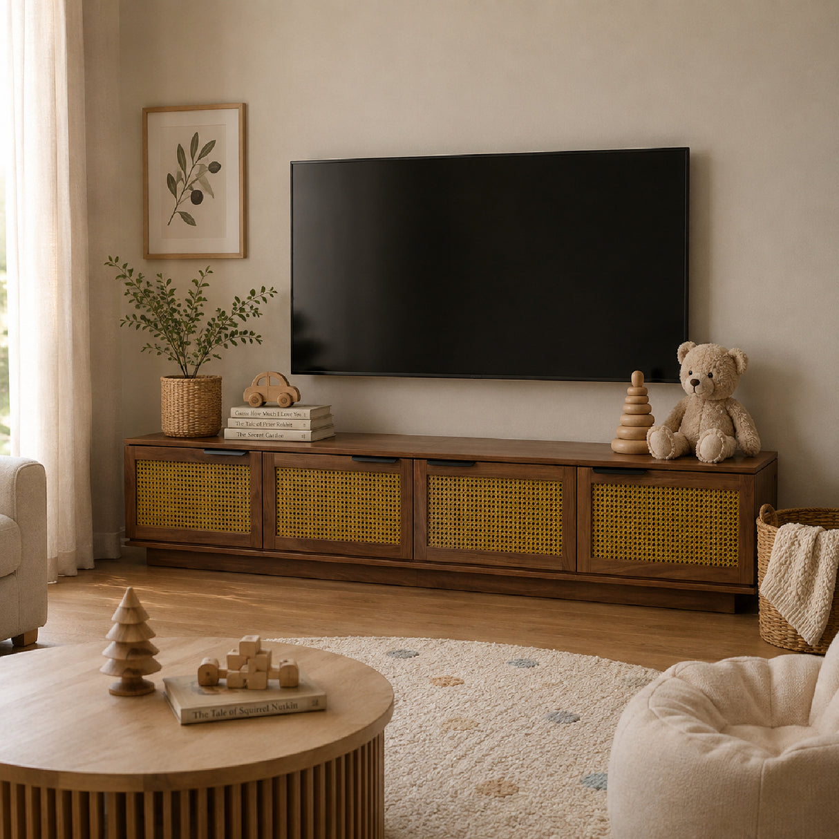 Modern Walnut Rattan Panel TV Stand Media Console | OROA