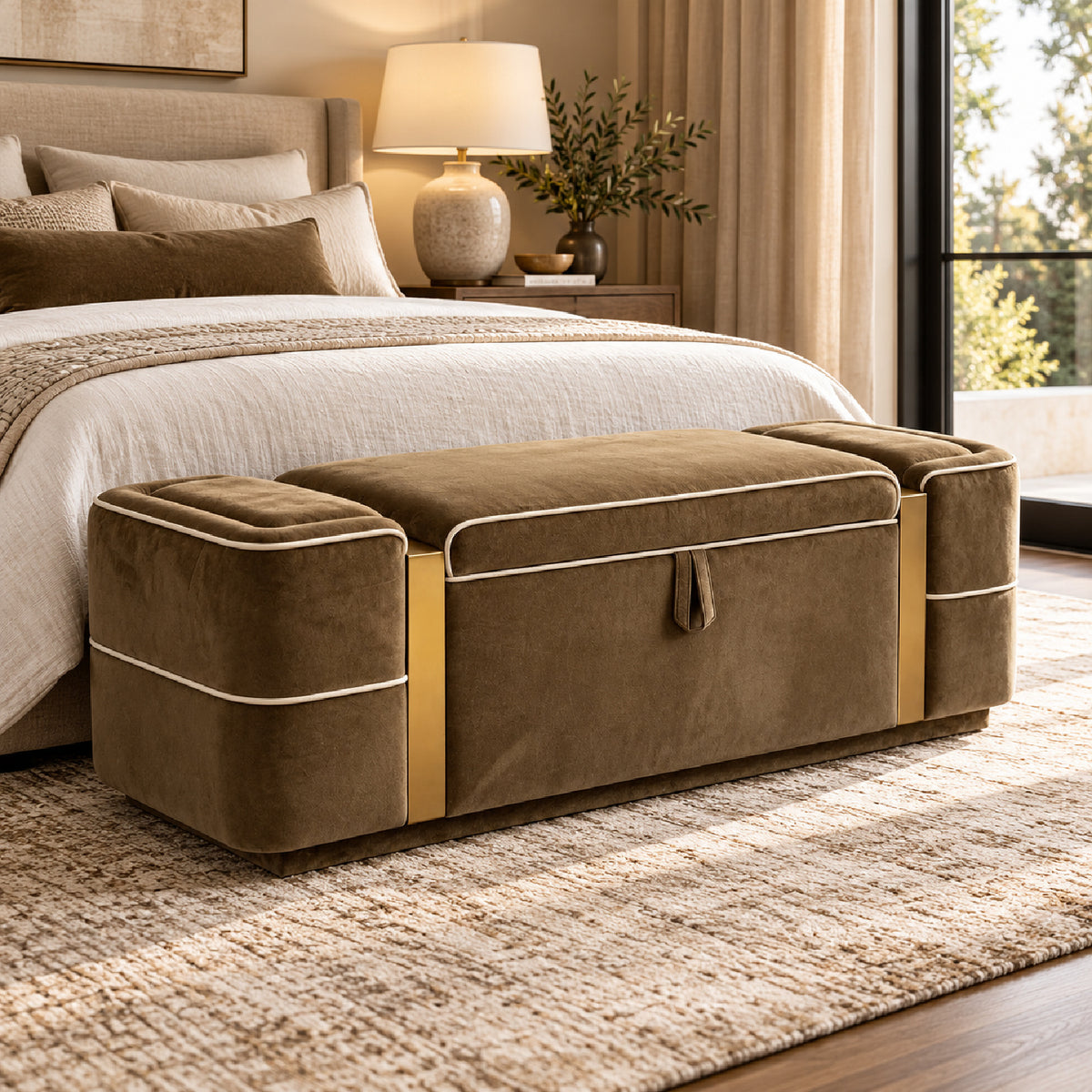 Brown Modern Upholstered Storage Bench | OROA