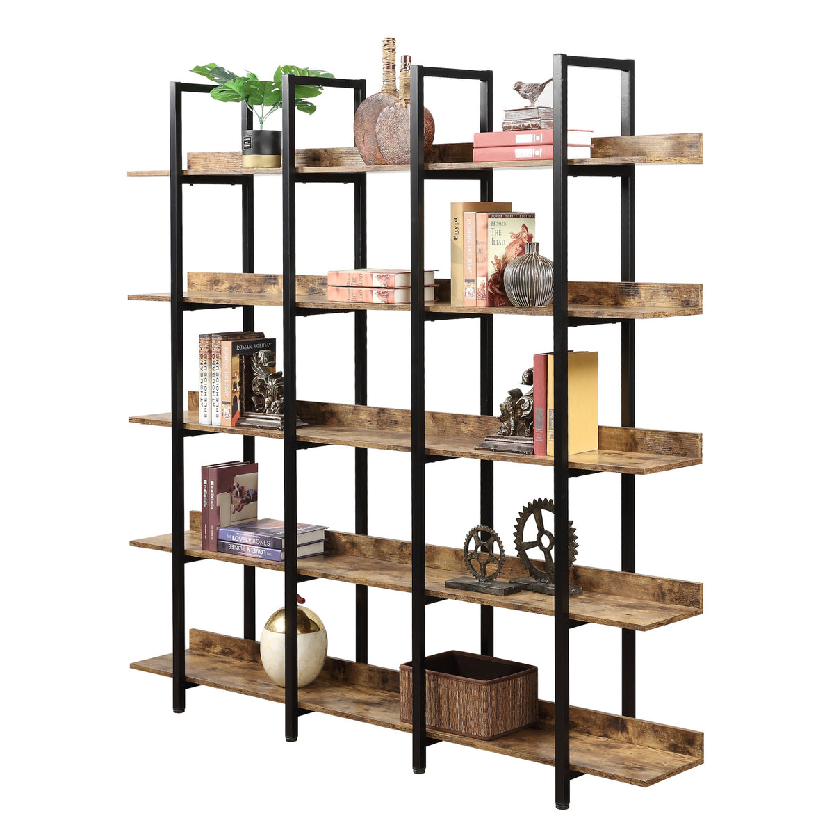 Brown Vintage Industrial 5-Tier Bookcase | OROA