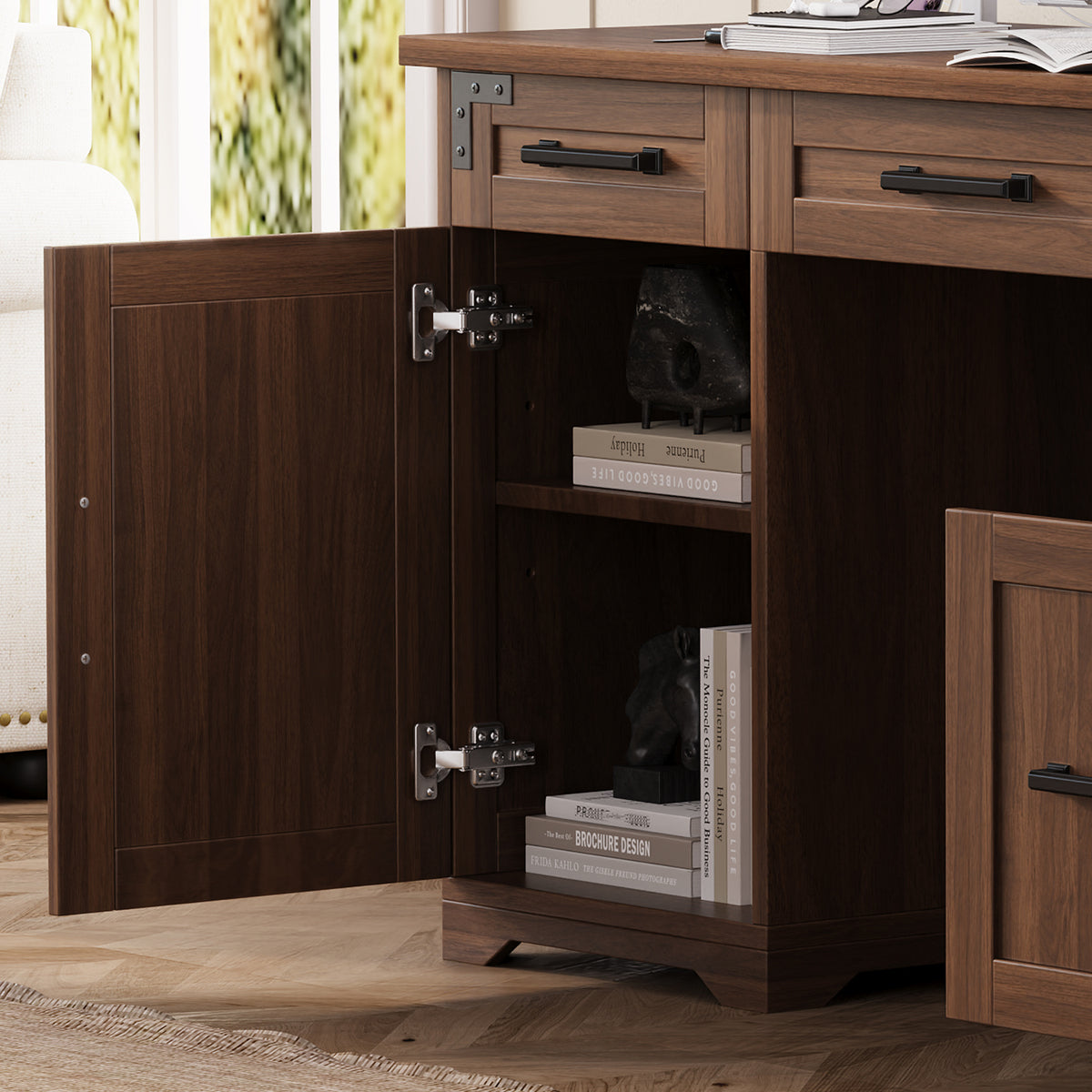 Rustic Walnut Farmhouse Executive Desk with Storage | OROA