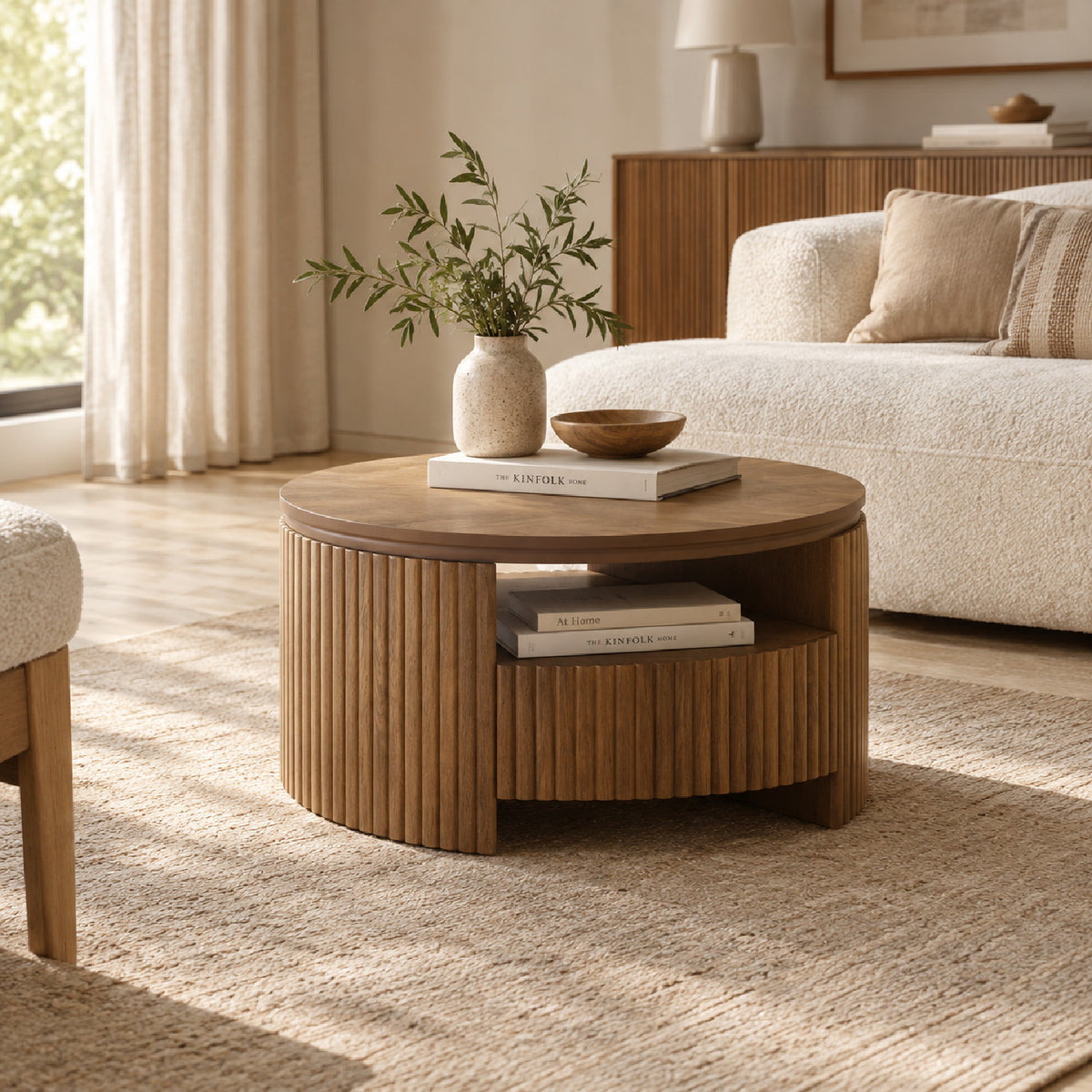 Walnut Fluted Round Wood Coffee Table | Maison Naturelle