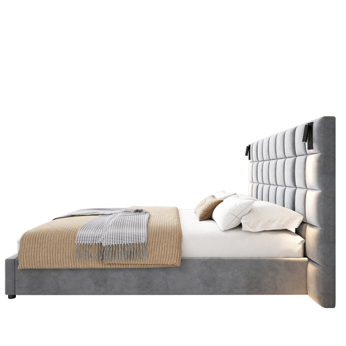 Upholstered King Bed with Wall Sconce and USB Port | OROA
