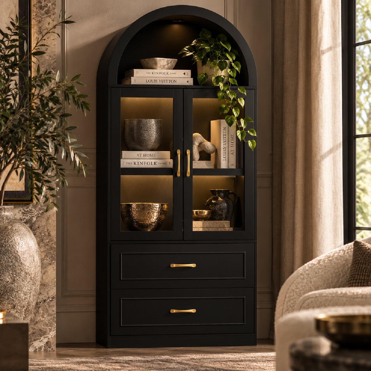 Modern Black Arched Glass Door Storage Cabinet | OROA