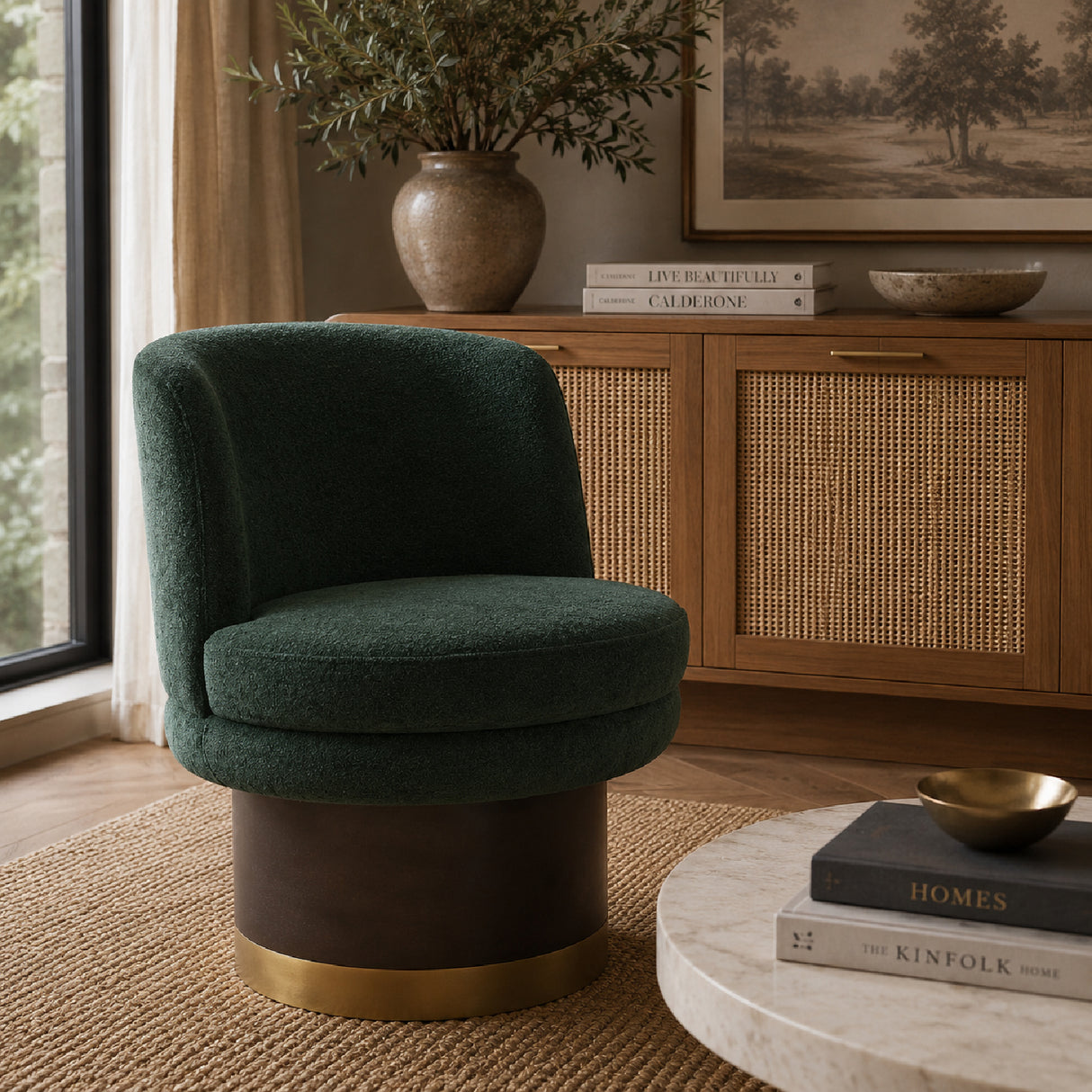 Modern Green Chenille Round Swivel Accent Chair | OROA
