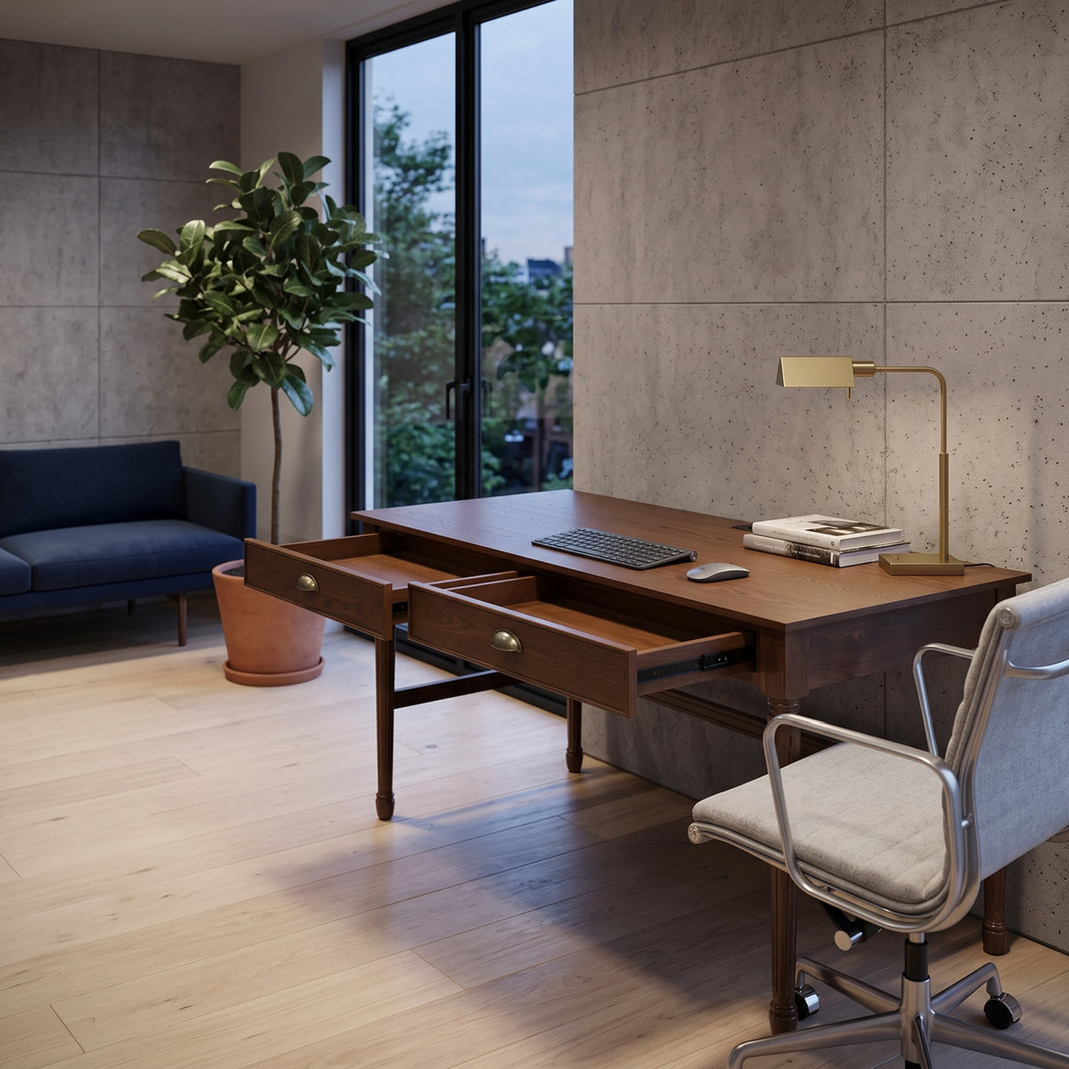 Modern Walnut Wooden Writing Desk with Drawers | OROA