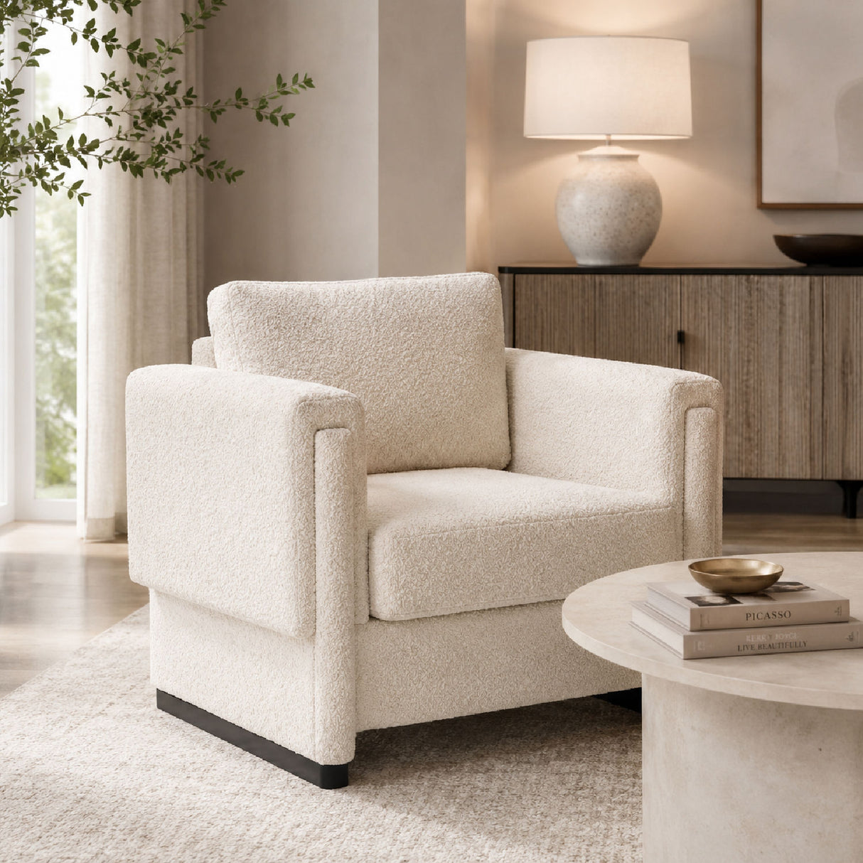 Modern Beige Boucle Upholstered Accent Armchair | OROA
