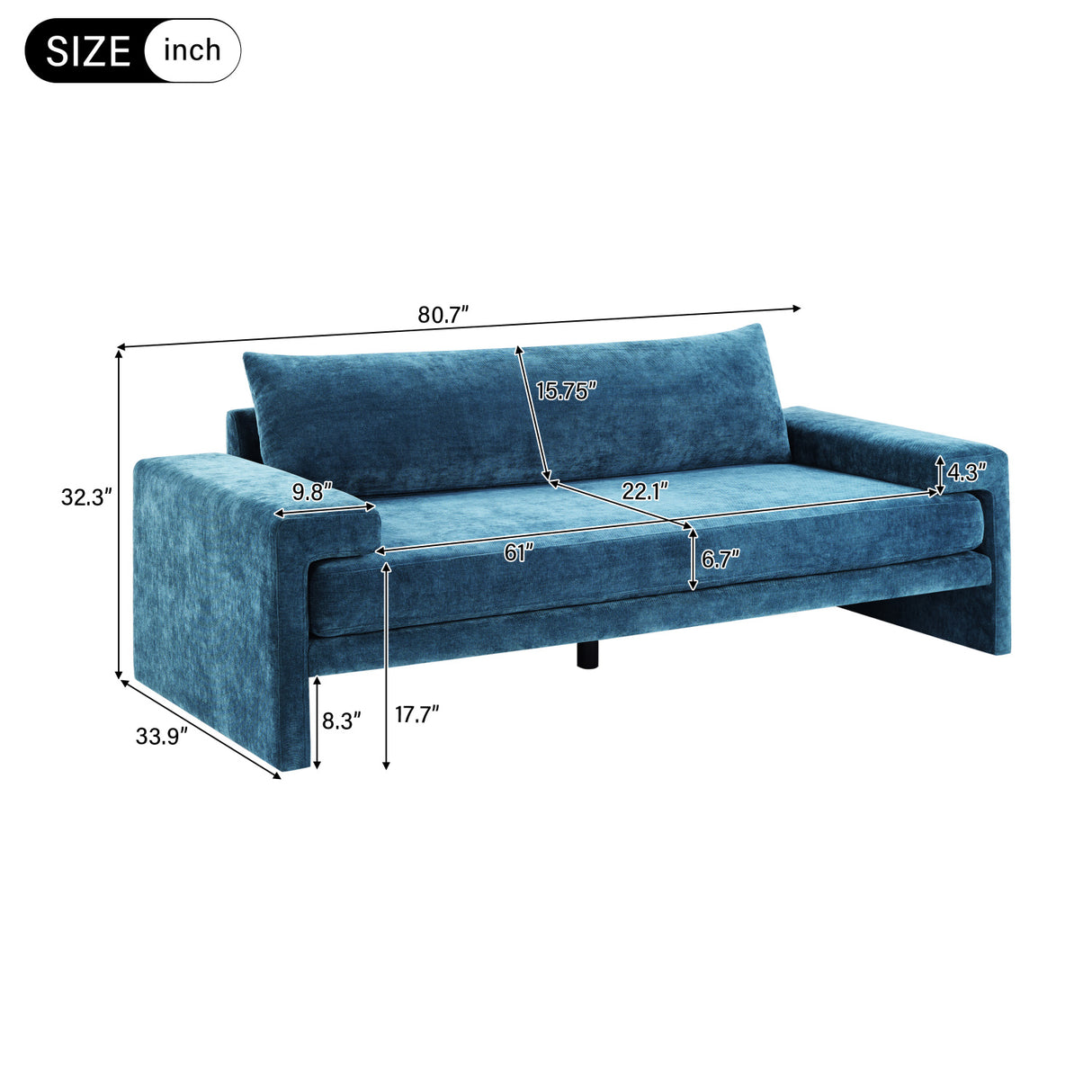Blue Chenille Upholstered 3-Seater Sofa | OROA