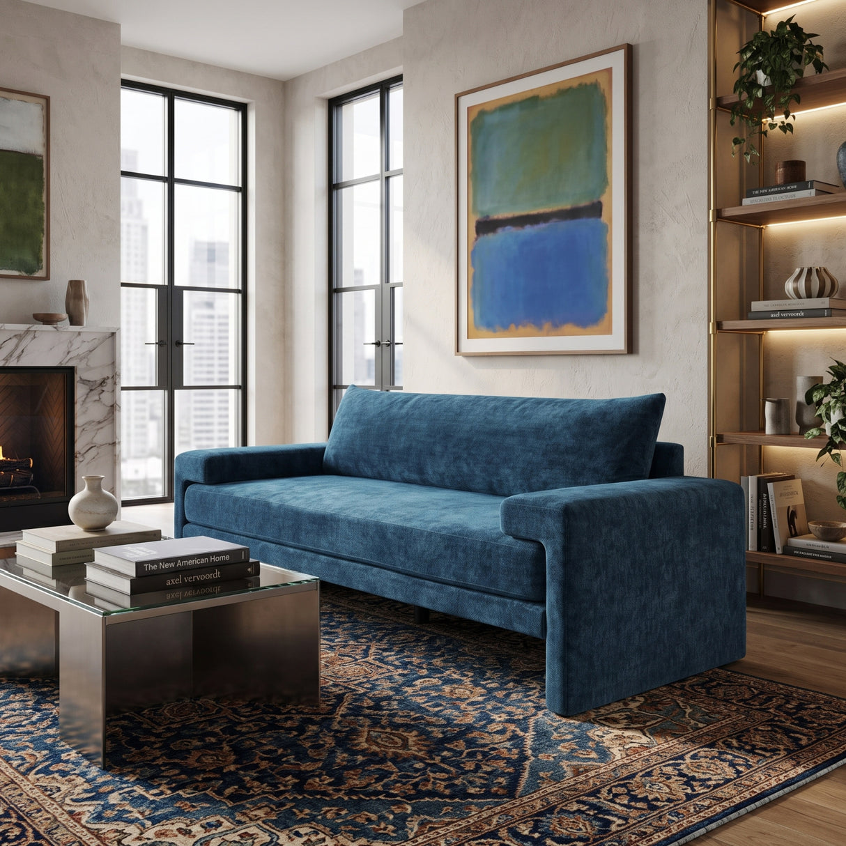 Blue Chenille Upholstered 3-Seater Sofa | OROA