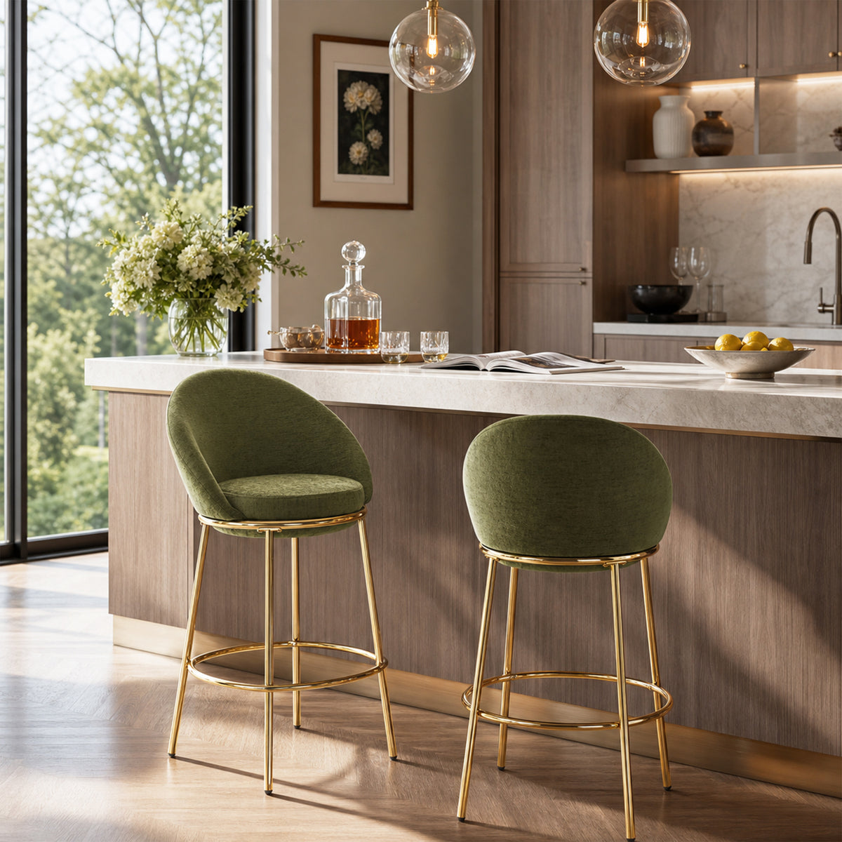 Olive Green Upholstered Barstools (2) | OROA