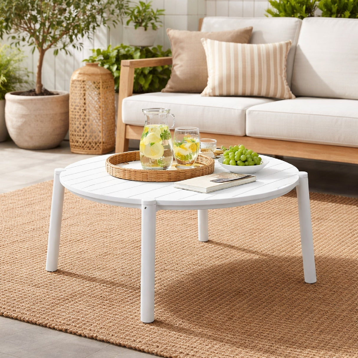 Slatted Round Outdoor Coffee Table – Doga – outdoor angled view