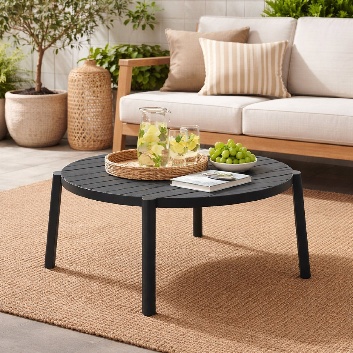 Slatted Round Outdoor Coffee Table – Doga – outdoor rear view