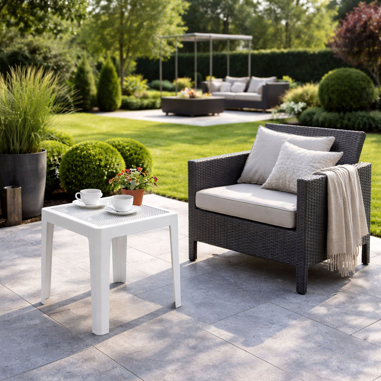 Outdoor Perforated Square Coffee table – Net – outdoor angled view