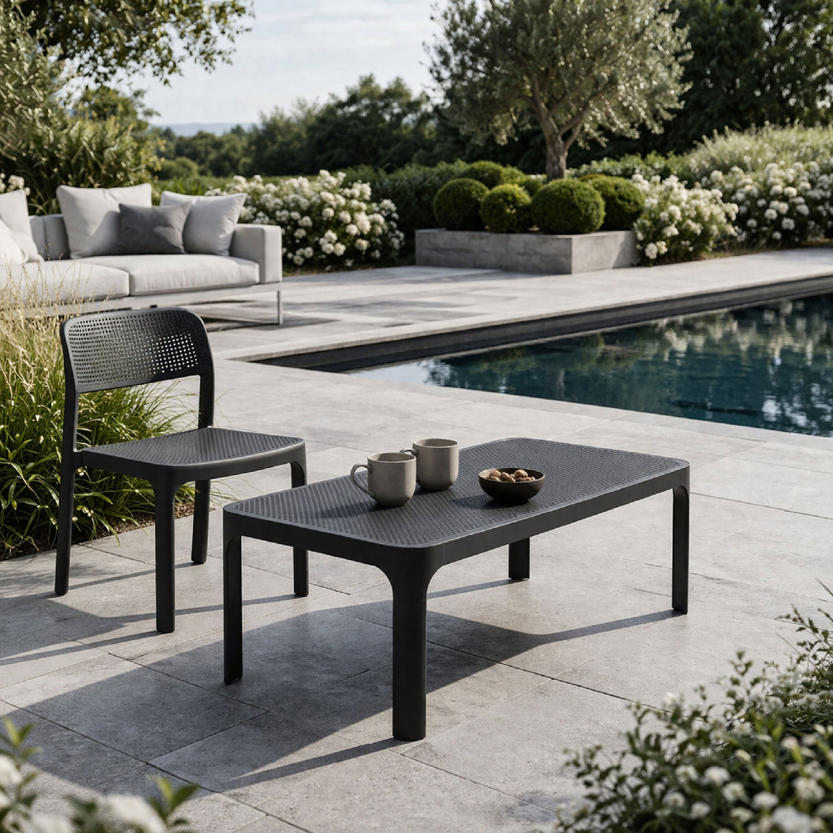 Outdoor Perforated Rectangular Coffee Table – Net – outdoor rear view