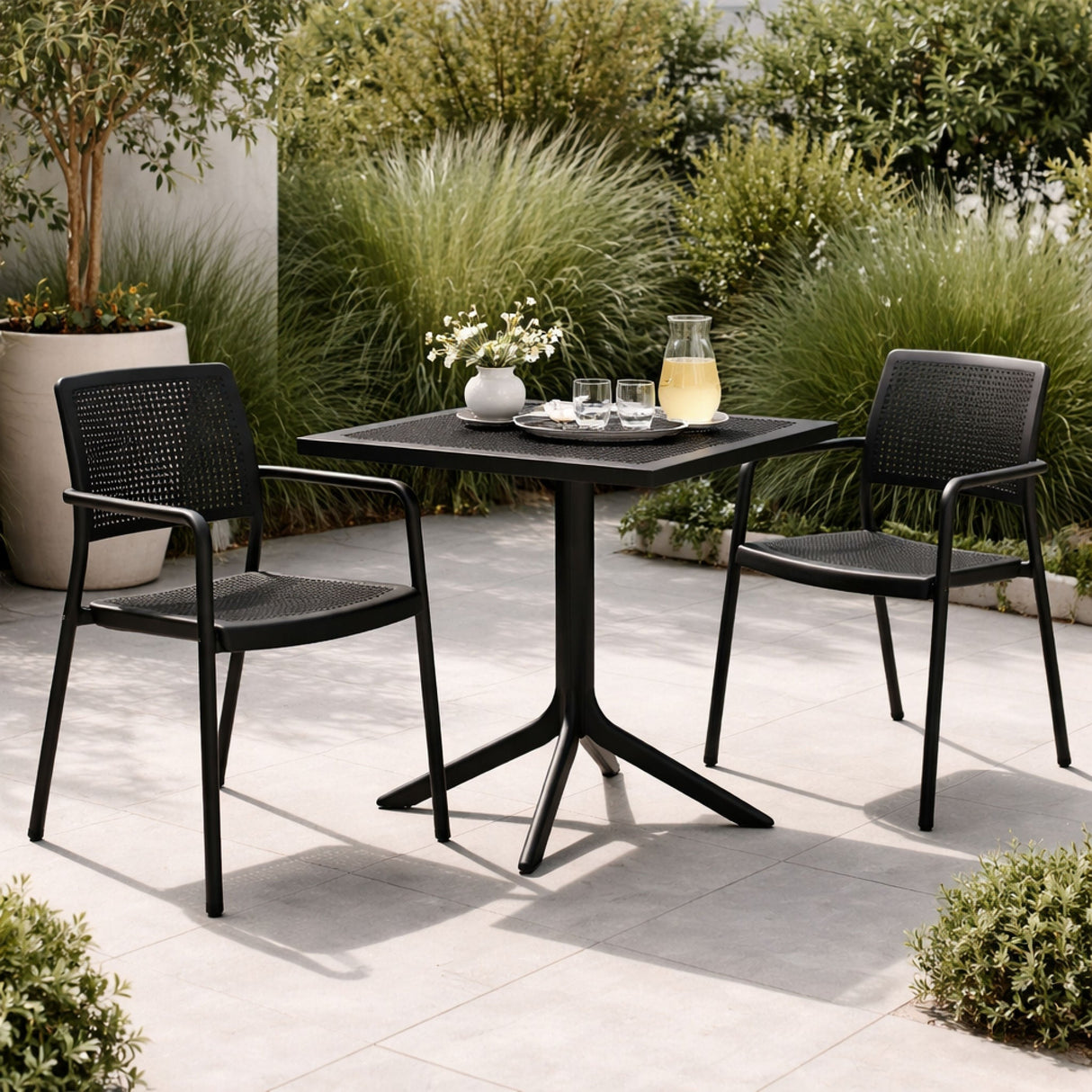 Perforated Square 4-Spoke Outdoor Dining Table – Clip – outdoor rear view