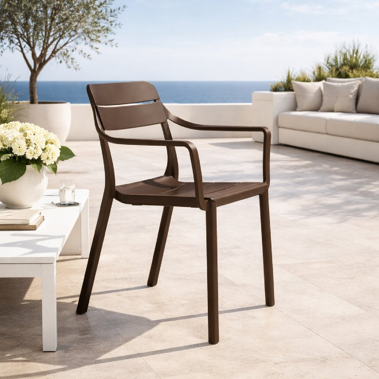 Fiberglass Outdoor Monobloc Dining Armchair – Cassia – outdoor rear view